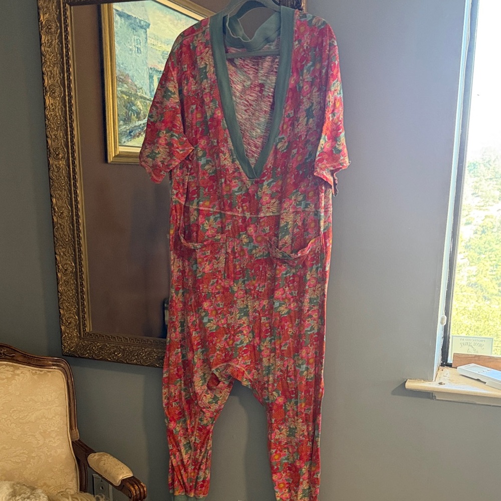 Natural Life Floral Jumpsuit with Green Trim